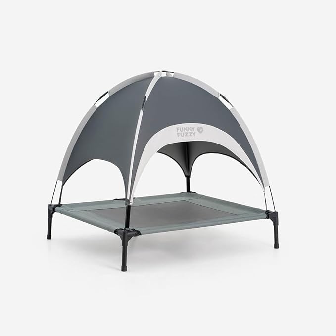 FUNNY FUZZY Elevated Dog Bed with Canopy,Grey, Large(36"x30"x7")–Outdoor Pet Cot with UV Protection, Breathable Mesh for Cooling, Indoor & Outdoor Use for Dogs up to 120 lbs
