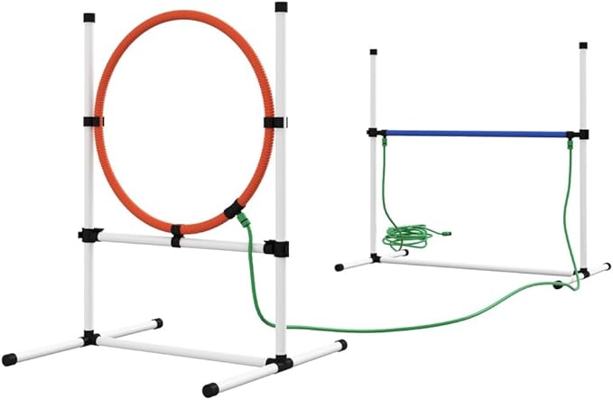 3 Piece Dog Agility Training Equipment Set with Adjustable Height Jumping Ring and Hurdle, Spray Water Tube, Carry Bag, Whistle, Dog Obstacle Course for Outdoor,Park,Backyard,Garden (White, 3 Piece)