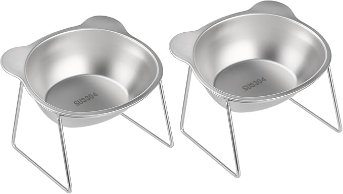 2 Pcs Elevated Cat Bowls, 304 Stainless Steel Tilted Food and Water Pet Feeder, 15° Neck Guard Design, Whisker Friendly, Non-Slip Base, 4.9 x 4.3 x 4.1 in for Small Cats, Dogs, Puppies