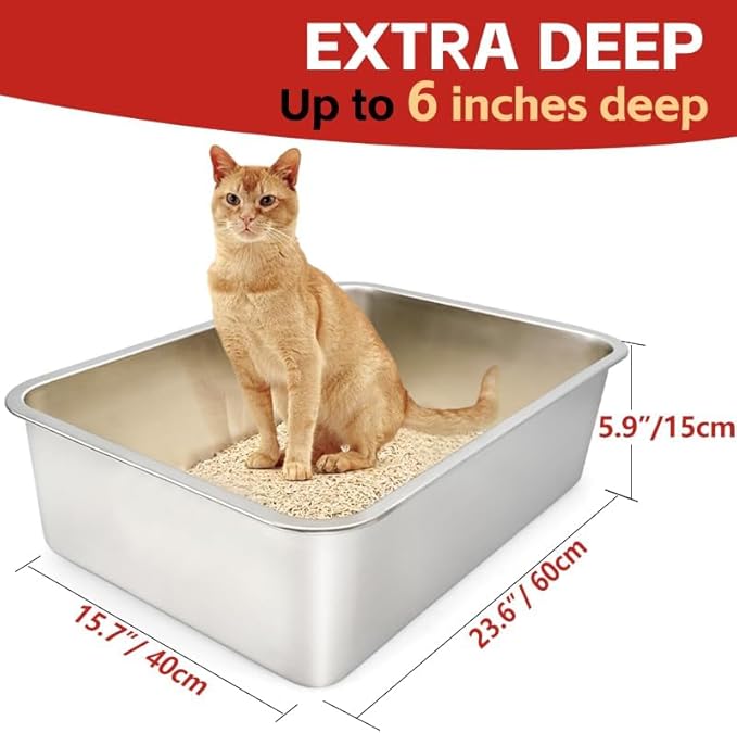 Stainless Steel Cat Litter Box, Large (24" x 16" x 6"), Metal for Kitty and Rabbits, No Odor Left & Non Stick Surface
