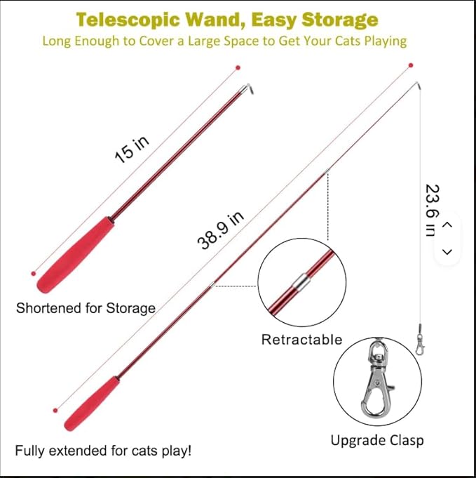 Interactive Cat Toys - Retractable Wand Toy and Feather Toys Refills for Indoor Cats to Chase and Exercise