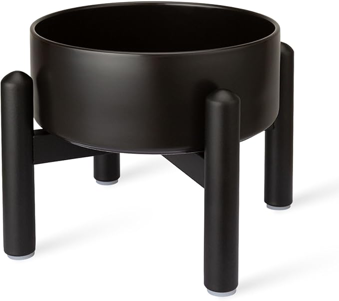 Raised Ceramic Dog Bowl, 6.1'' Modern Feeding Bowl with Non-Slip Stainless Steel Stand, Elevated Food or Water Dish for Small to Medium Dogs, 2 Cups (28.75 fl oz)- Black