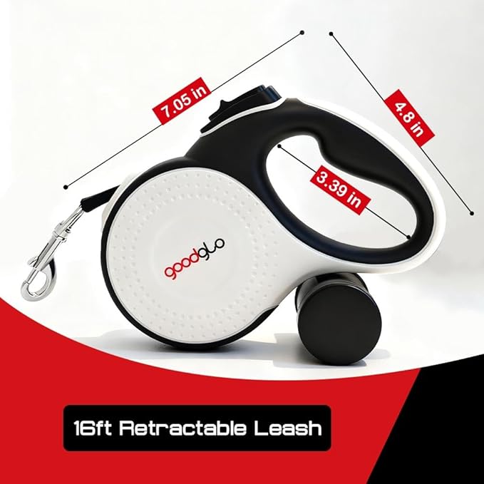 Retractable Dog Leash with Poop Collector, 16ft Heavy Duty Tape, Pet Lead for Medium Dogs Up to 60lbs, One-Hand Brake (Black)