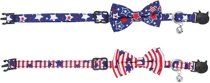 2 Pack American Flag Cat Collar with Bell Bow Tie Star Breakaway Adjustable for 4th of July Independence Day