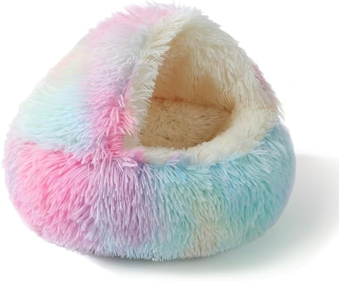 Cat Bed Round Fluffy Hooded Cat Bed Cave, Anti-Anxiety Cave Bed with Hooded Blanket, Cozy Cuddler Luxury Puppy Pet Bed, Anti-Slip Bottom and Machine Washable