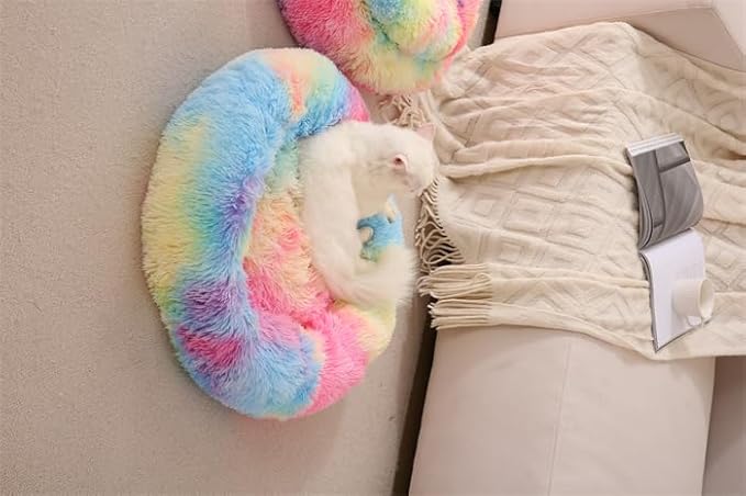 Small Dog Bed for Small Dogs, Washable Donut Cat Beds for Indoor Cats, Ultra-Soft Plush Calming Bed for Kittens & Puppies Up to 6.6lbs, Anti-Slip Bottom, Rainbow,13",Shag Faux Fur