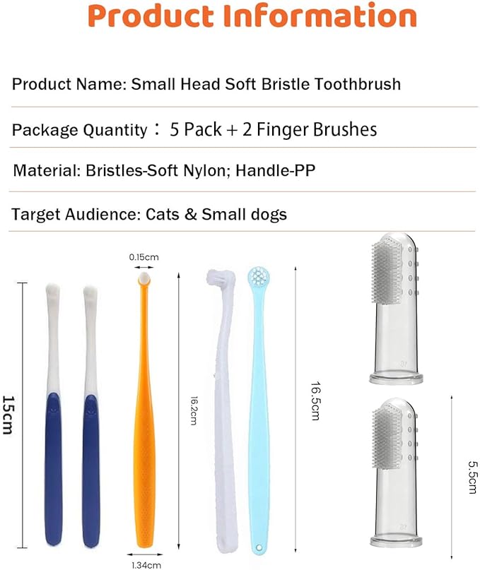 5Pack Ultra Soft Pet Toothbrush for Small Dog & Cat Toothbrush Set with 2 Finger Brushes - Soft Bristles for Gentle Pet Dental Care, Teething & Gingivitis Prevention for Puppies & Kittens