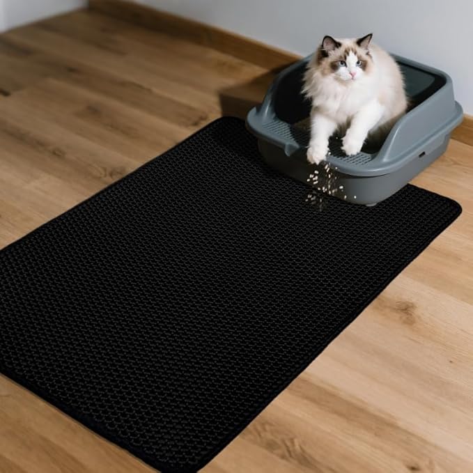 Cat Litter Box Mat- (47" x 27"), Extra Large,Double Layer Honeycomb Pad Rug, Waterproof Cat Litter Trapping Mat, Non-Slip, Easy Clean,Durable,Black