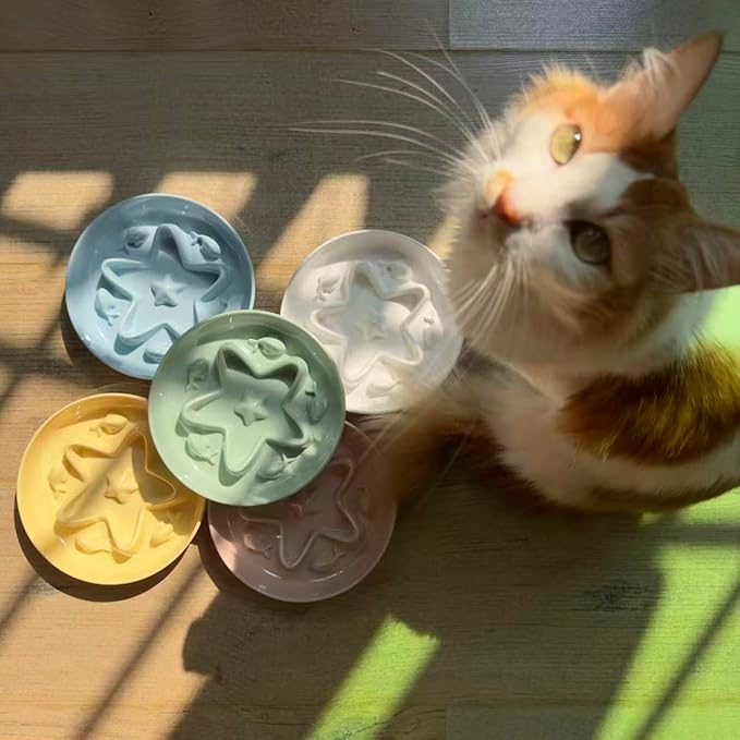 2 Pcs Cat Slow Feeder Bowl – Whisker Friendly Melamine Puzzle Feeding Cat Bowl for Slow Eating – Wet & Dry Food – Dishwasher Safe, Lightweight, Non-Slip (Buttercream + Shell White, 6.3'')