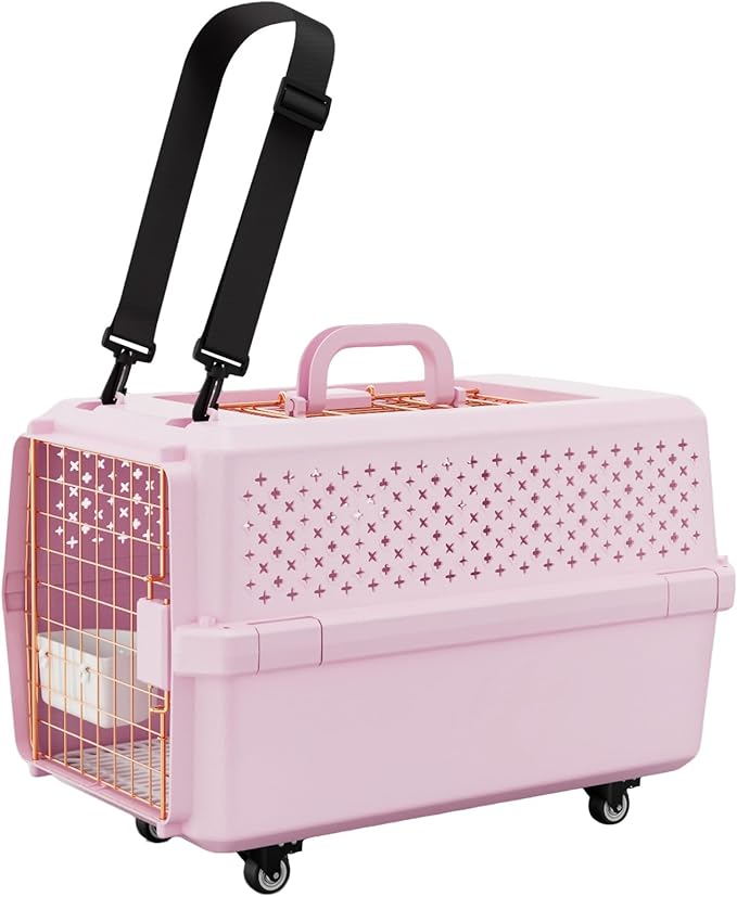 RIZZARI Pets Spree Travel Carrier:Rolling Hard-Sided Dog Carrier with Wheels Crate for Large Dogs & Cats -Durable Plastic Dog Carrier with Metal Door and Ventilation (Pink with Wheels, Large)