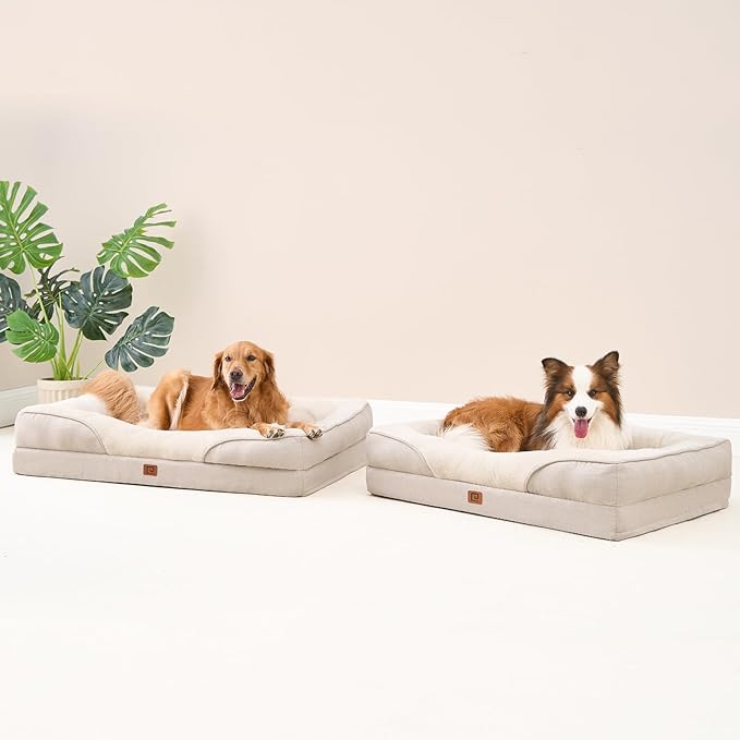 EHEYCIGA Orthopedic Dog Bed for Medium Dog, 30x20 Inch Memory Foam Dog Couch Bed with Sides, Waterproof Liner & Washable Removable Cover, Bolster Pet Sofa, Beige