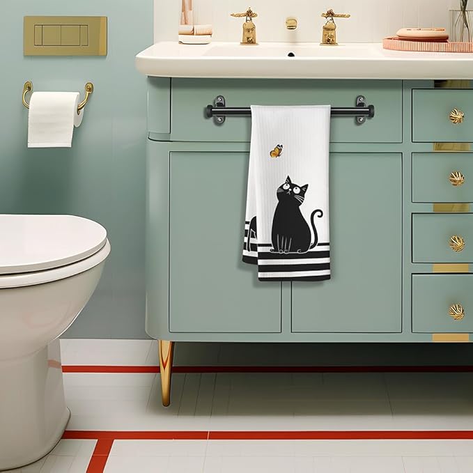 Cat Kitchen Towels - Quick-Dry Black Feline Gathering Art with Butterfly Watcher, Decorative Hand Towel for Humorous Pet Moms | Kitchen Dish & Bathroom Towels Decorative, Crazy Cat Lady Gifts