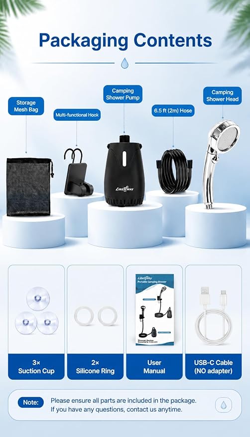LIBERRWAY Portable Shower for Camping, 8000mAh Rechargeable Camping Shower Pump with LED Display&Ambient Light, 5 Pressure Modes, IPX8 Waterproof, Outdoor Shower Kit for Hiking,Travel, Car, Pet