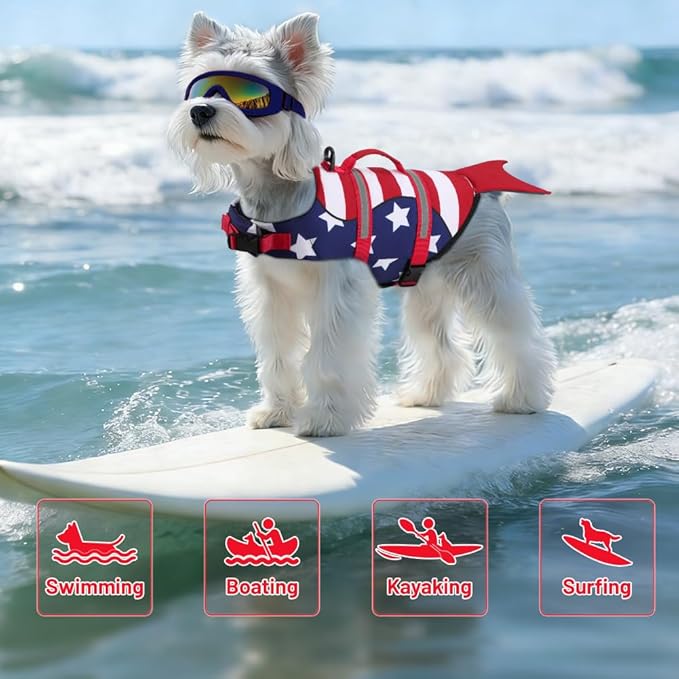 EMUST Dog Life Vest for Swimming, Ripstop Medium Dog Safety Preserver for Pool Beach Boating (M,StripMermaid)