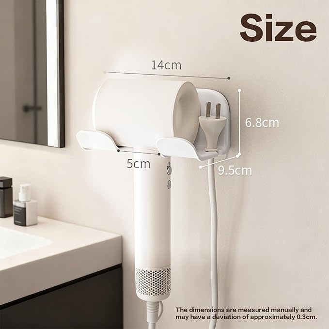 Universal Hair Dryer Holder Wall Mount, Blow Dryer Hanger with Plug Cord Organizer, No Drilling Self Adhesive for Bathroom Cabinet Door Vanity (1PCS, White)