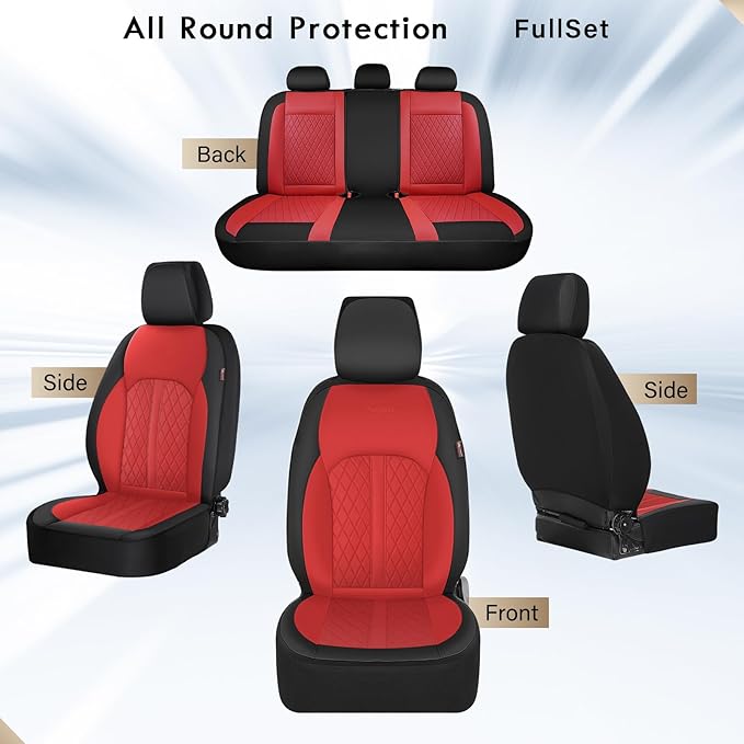 Coverado Universal Leather Seat Covers Full Set for 5 Seats – Waterproof, Durable All-Weather Protector for SUV, Pickup Truck, Sedan (Red)