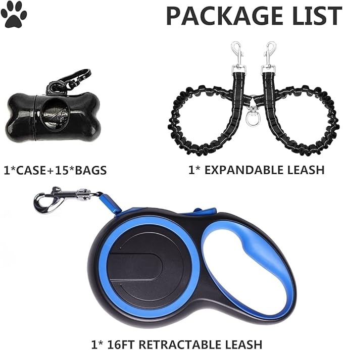 Dual Retractable Dog Leash for Walking 2 Small-Large Dogs up to 44lbs / 20 kg,Double Headed 16 ft Extendable Dog Leash with Poop Bags--Non Slip Grip, 360 Tangle-Free,One Button Break & Lock, Blue