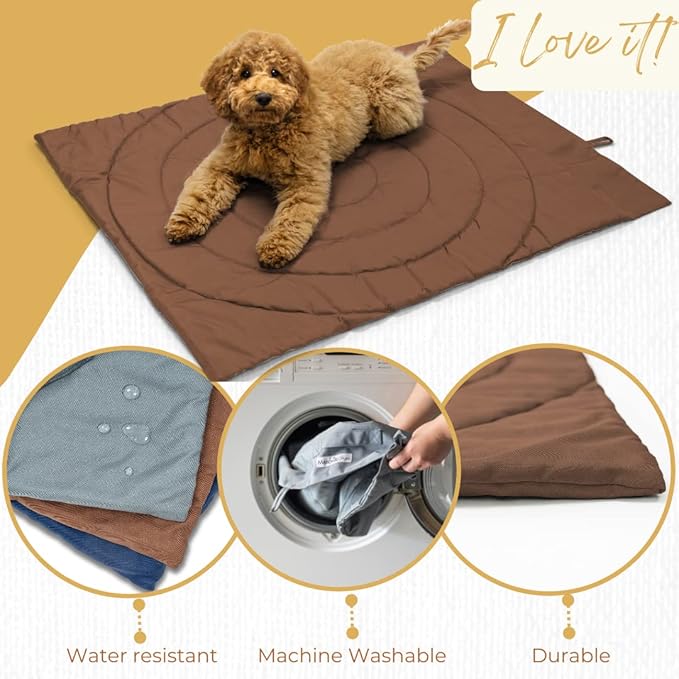 Dog Travel Mat - Portable Waterproof Foldable Dog Bed for Home, Car, Crate & Outdoor - Washable Roll Up Pet Mat for Medium & Large Dogs (39"x30") - Includes Carry Bag