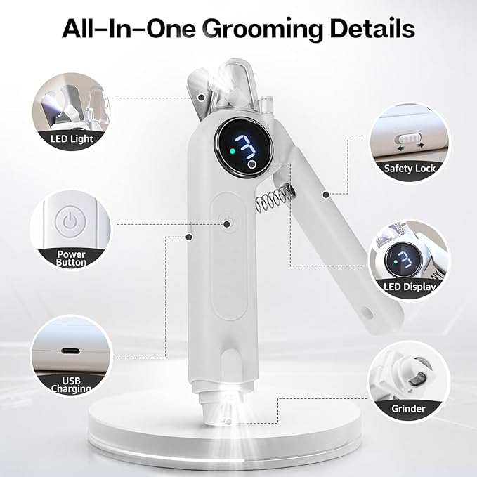 2-in-1 Dog Nail Grinder and Clipper, 3-Speed Rechargeable Pet Nail Trimmer with LED Light, Quiet Electric Nail File for Small Medium Large Dogs and Cats