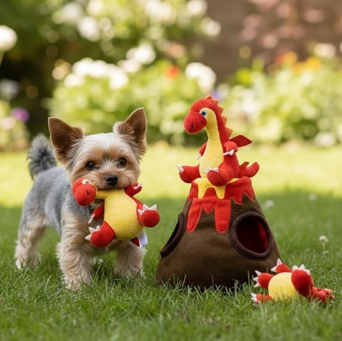 MODERN WAVE - Interactive Squeaky Plush Hide and Seek Squirrel Type Puzzle Toy for Dogs, Medium Size (Volcano and Dragons)