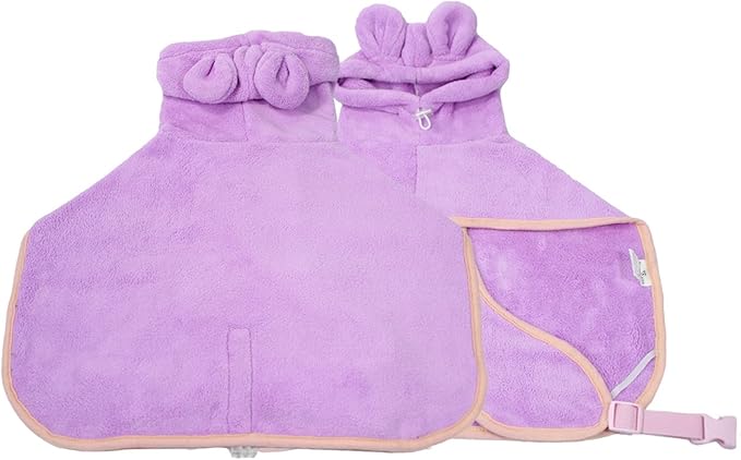 Dog Bathrobe, Microfiber Fast Drying Absorbent Hooded Bath Towel for Puppy Small Medium Large Dog Cat(Purple,L)
