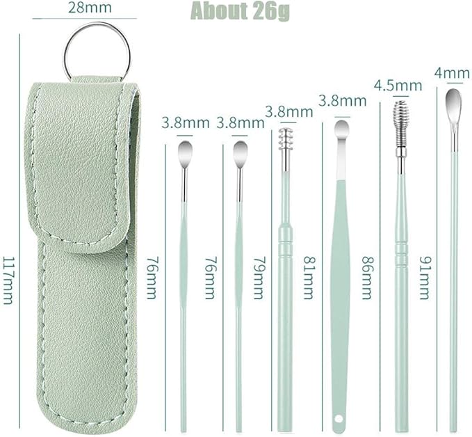 6 Pcs Ear Pick Earwax Removal Kit, Cleansing Tool Set, Curette Cleaner, 360degree Spiral Design Canal Cleaner Stainless Steel, with a Storage Box Portable Kit (Green), 11.7x2.8x2cm