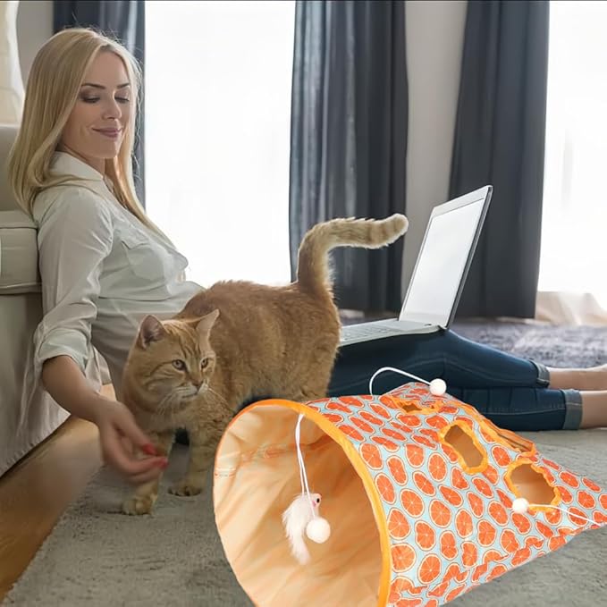 Cat Tunnel Bag for Indoor Cats, Crinkle Bag Toy Cat & Hamsters Play Tunnel Toy, Pet Collapsible Tunnels with 1 Little Mouse & Toy Ball Cats Drill Sleeping Bags (Orange)