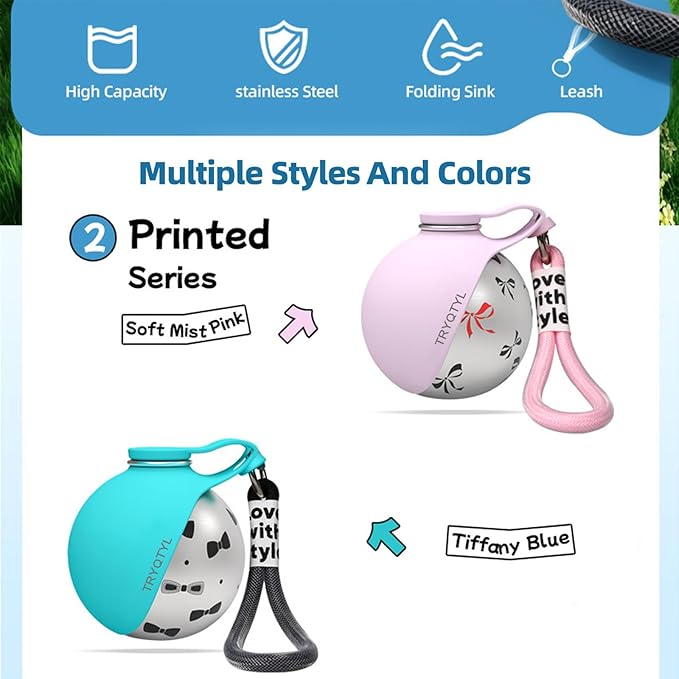Dog Water Bottle, 10oz Stainless Steel Portable Dog Water Bottle with Foldable Silicone Bowl, 2-in-1 Portable Dog Water Bowl for Water & Food, Water Dispenser for Dogs Walking (Blue Printed)