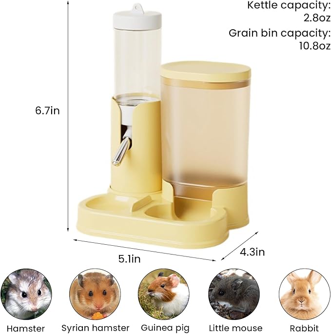 2 in 1 Hamster Water Bottle, Automatic Feeder, No Drip Small Animal Water Dispenser Food Bowl for Syrian Dwarf Hamsters, Gerbils, Mouse, Hedgehog, Hamster Cage Accessories (Gray)