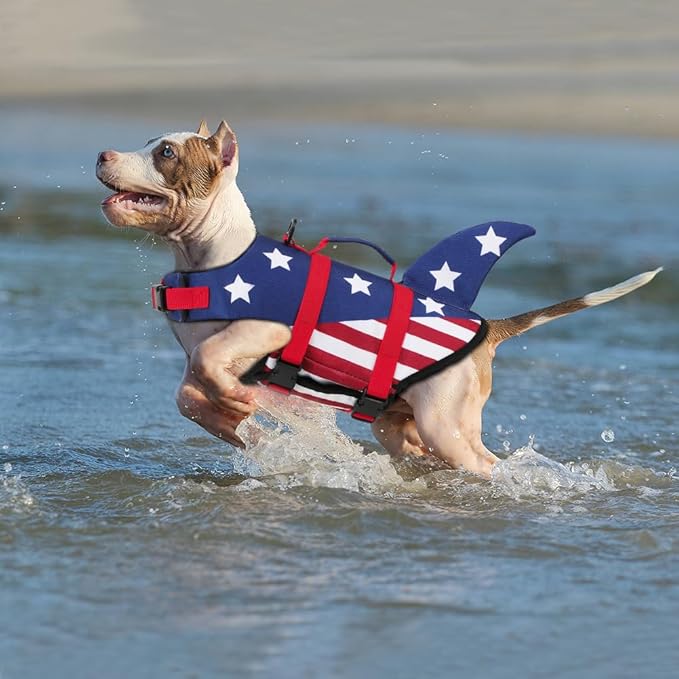 EMUST Shark Life Jackets for Dogs, Adjustable Ripstop Dog Life Vest for Water Safety Pet Life Vest with Rescue Handle Safety Vest for Swimming Pool Beach Boating, (L,StarFlag)