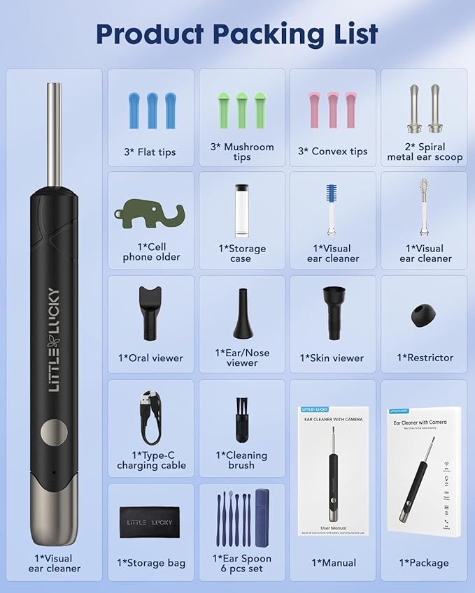 Ear Wax Removal,Littlelucky- 4 in 1 Ear Canal Cleaner 1080P HD Lens with 6 LED Lights for Ear/Nose/Throat/Skin Viewing,Ear Cleaning Kit with 6 Piece Ear Set & 9 Replacement Tips for iOS & Android