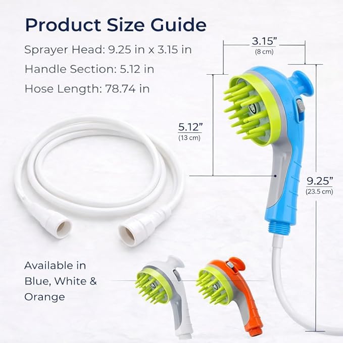 Pet Bathing Sprayer with Soft TPR Massage Brush, Dog Shower Sprayer Attachment with On/Off Switch, Handheld Pet Bath Shower Head with 78.7" Hose, Diverter Valve and Adapters for Dogs and Cats (Blue)