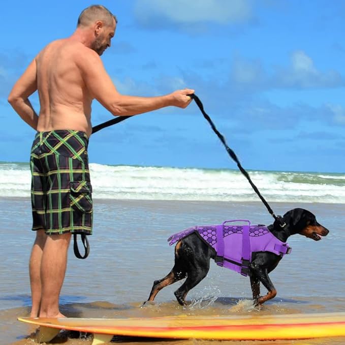 EMUST Dog Life Vests, Dog Life Preserver for Swimming, Boat, Pool, Ripstop Pet Water Vest with High Buoyancy and Lift Handle for Small and Medium Breeds, PurpleMermaid, M