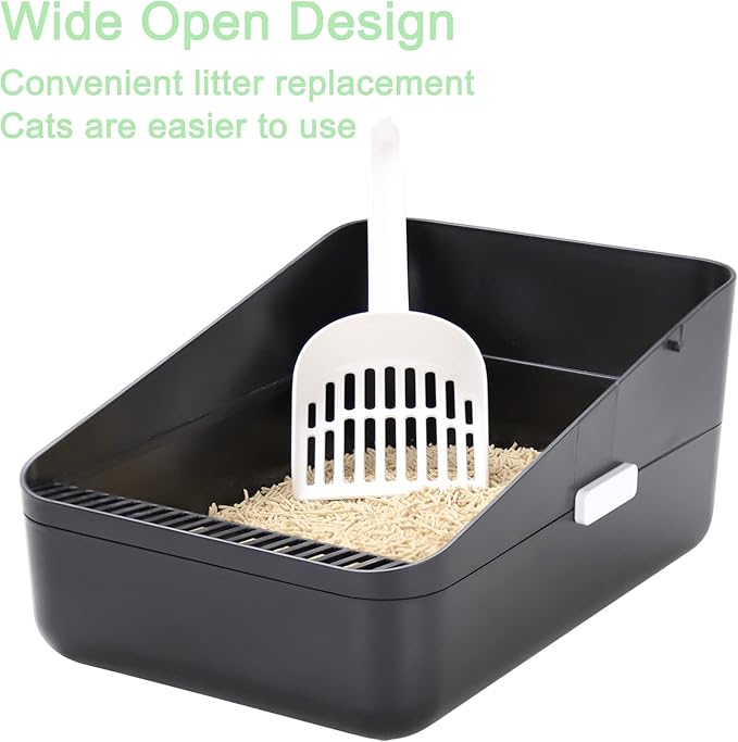 Sfozstra Black Small Cat Litter Box - Open Top with High Sides & Sifting, Leak-Proof & Odor-Reducing, Removable Liner, Easy-Clean ABS, for Cats Up to 8 lbs