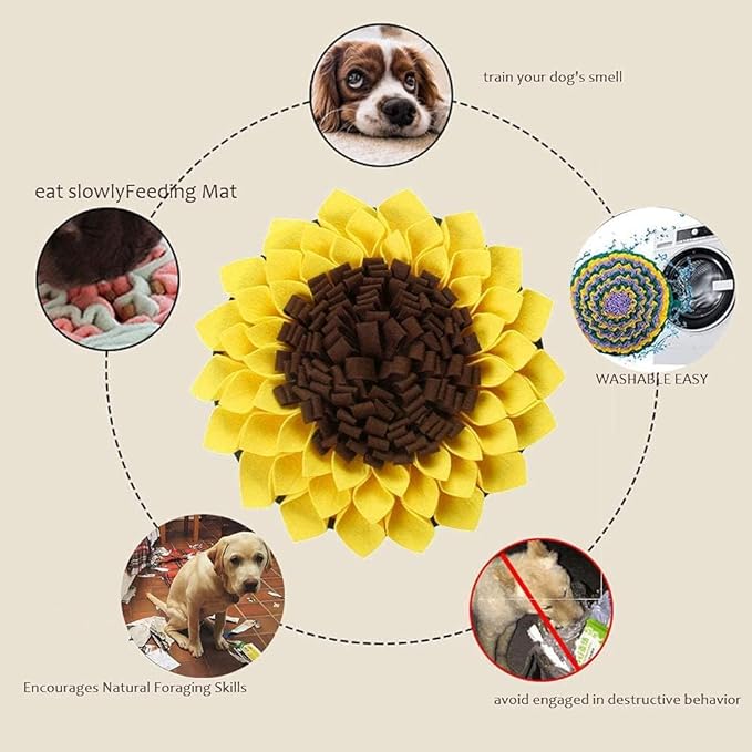 Snuffle Mat for Dogs Sunflower 19” x 19”, Large Interactive Slow Feeder Mat, Encourages Natural Foraging Skills, Plush Enrichment Toy for Mental Stimulation, Machine Washable Puppy Chew Toy