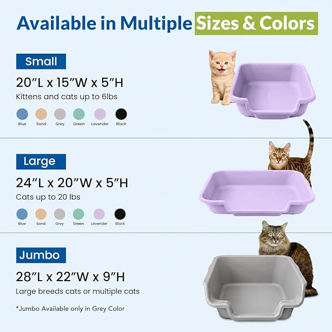 KittyGoHere Senior Cat Litter Box, Small Litter pan with Long-Handle Jumbo Scoop, Open Top Low Entrance Kitty Litters Box, Lightweight Low Entry Litter Box, Durable, Made in USA (Storybook Lavender)