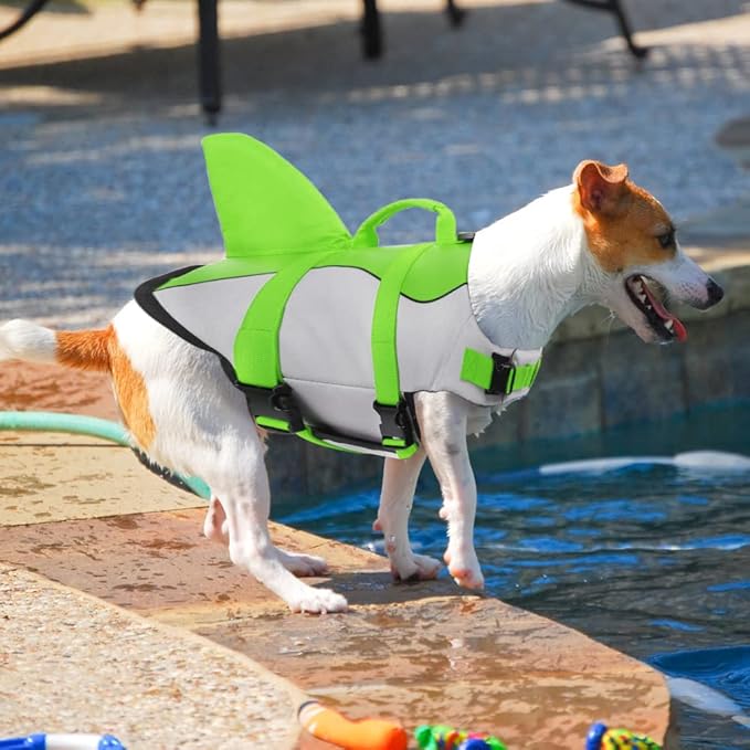 EMUST Dog Life Jacket Shark, Dog Life Vests for Small, Middle, Large Dogs with Rescue Handle Pet Flotation Vest Safety Lifesaver for Swimming Pool Beach Boating, (S,Green)