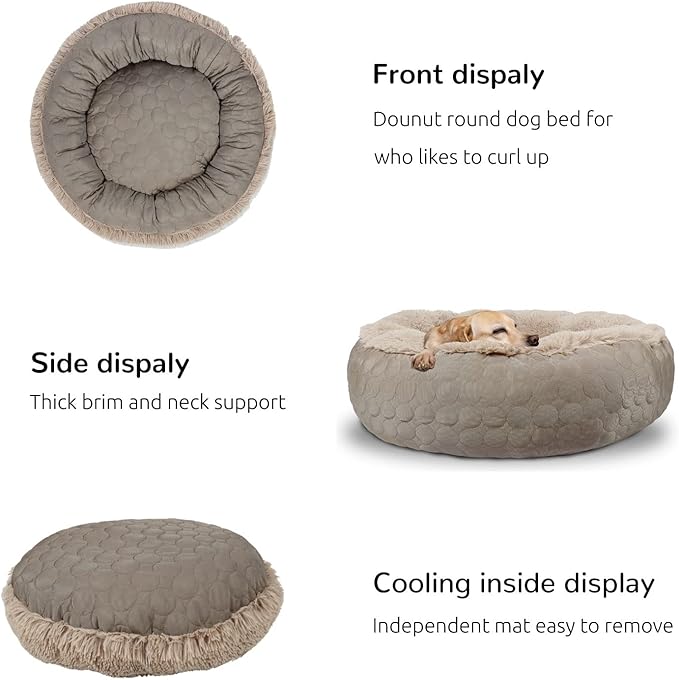 HACHIKITTY Dog Donut Round Calming Bed, Fluffy Dog Bed for Medium Large Dogs, Cooling Warming Soft Dog Cushion Bed, Double Sided Available Dog Bed with Warm & Cool Sides(24"x24"x7", Taupe)