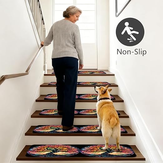 Abstract Tree Colorful Stair Treads for Wooden Steps Indoor Washable Staircase Carpet 1PCS 30"x7.8" Stair Step Treads Non-Slip Staircase Covers Peel and Stick Safety Mat for Kids Elders Pets