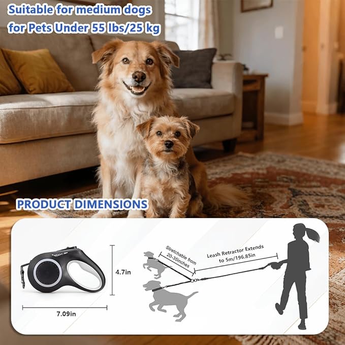16.4ft Dual Retractable Dog Leash for Medium Dogs 35–55 lbs, USB Rechargeable LED Light, 360° Tangle-Free, Detachable Front Lead & Emergency Ready, Reflective Elastic(Black)