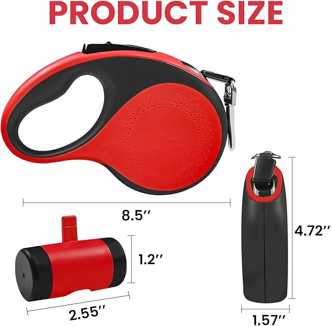 Best Dog Supplies Retractable Thick Dog Leash for S, M, Large Dogs with Bag Dispenser and Flashlight, 26ft/8M for Dogs up to 110lbs Pet Leash One Button Break Retractable Color - Red