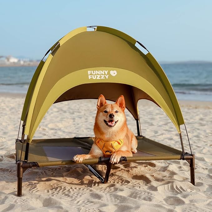 FUNNY FUZZY Elevated Dog Bed with Canopy for Large Dogs up to 120 lbs– Raised Dog Cot Bed with UV Shade,Waterproof,Breathable Mesh,Outdoor & Indoor Use,Portable,Green(36"×30"×7")