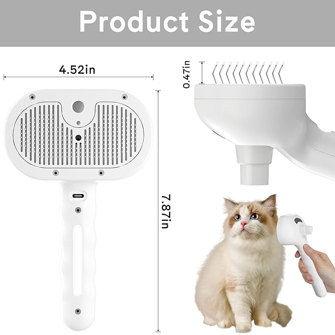 Pet Steam Brush for Dogs & Cats - 3-in-1 Deshedding & Detangling Tool with Steam Spray, Anti-Static Grooming Brush for Long/Short Haired Pets, Waterless Cleaning & Massage(White)
