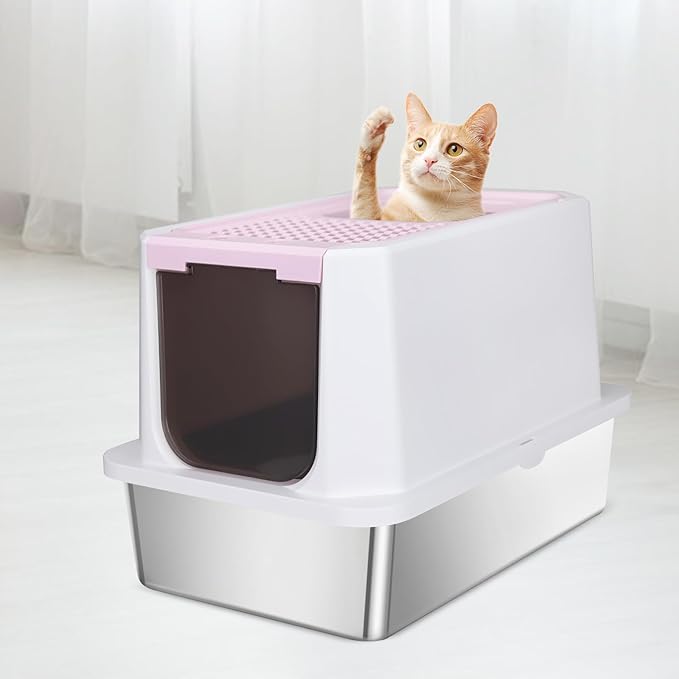 RIZZARI Extra Large Enclosed Cat Litter Box – Pink Stainless Steel Top Entry Litter Pan with Anti-Leak Design, Non-Stick Easy-Clean Surface & Odor Control for Indoor Spaces