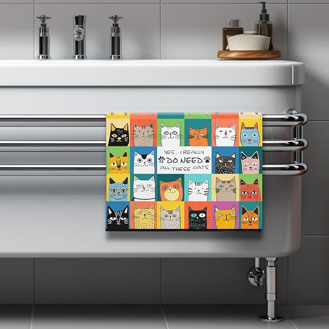 Cat Kitchen Towels - Quick-Dry Grid of Adorable Feline Cubby Art with Proud Collection Declaration, Decorative Dish Towel for Cat Lady Essentials & Whimsical Pet Mom Gifts | Humorous Hand Cloth