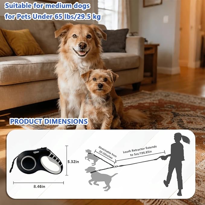 19.7ft Dual Retractable Dog Leash for Medium to Large Dogs 35–65 lbs, USB Rechargeable LED Light, 360° Tangle-Free, Detachable Front Lead & Emergency Ready, Reflective Elastic (White)