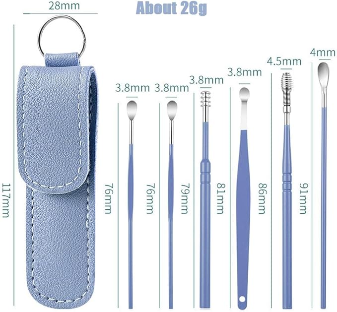 6 Pcs Ear Pick Ear Wax Removal Kit, Ear Cleansing Tool Set, Ear Curette Cleaner, 360° Spiral Design Ear Canal Cleaner Stainless Steel, with a Storage Box Portable Kit for Home and Travel(Blue)
