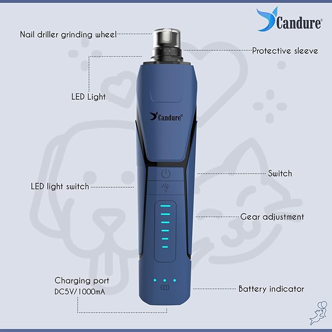 Candure Dog Nail Grinder Upto 6-Speed Dog Nail Trimmer for Large, Medium, Small Dogs, Cats & Pets Low Noise Rechargeable Dog Claw Grinder with 360° LED Lights & Includes Extra Grinder Head (Dark Blue)