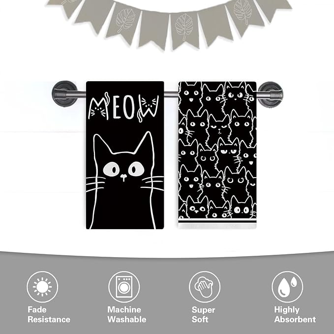 Black Cat Meow Kitchen Dish Towels Set of 2, Cute Kitten Drying Hand Towel Baking Cooking Cloth, Bathroom Home Decoration Pet Cat Owner Lover Gifts 18'' x 26''