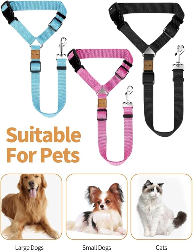3Pack for Dog seat Belts in Cars, Adjustable Nylon Fabric for Dog car Restraint Devices (Pink, Black, Blue)